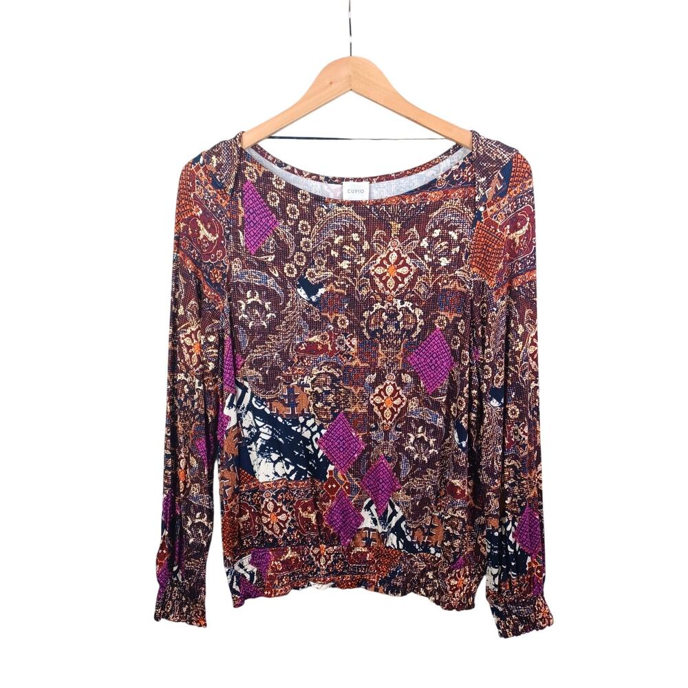 Cupio Boho Peasant Smocked Top Long Sleeve Size M Boat Neck Stretch Abstract NWT